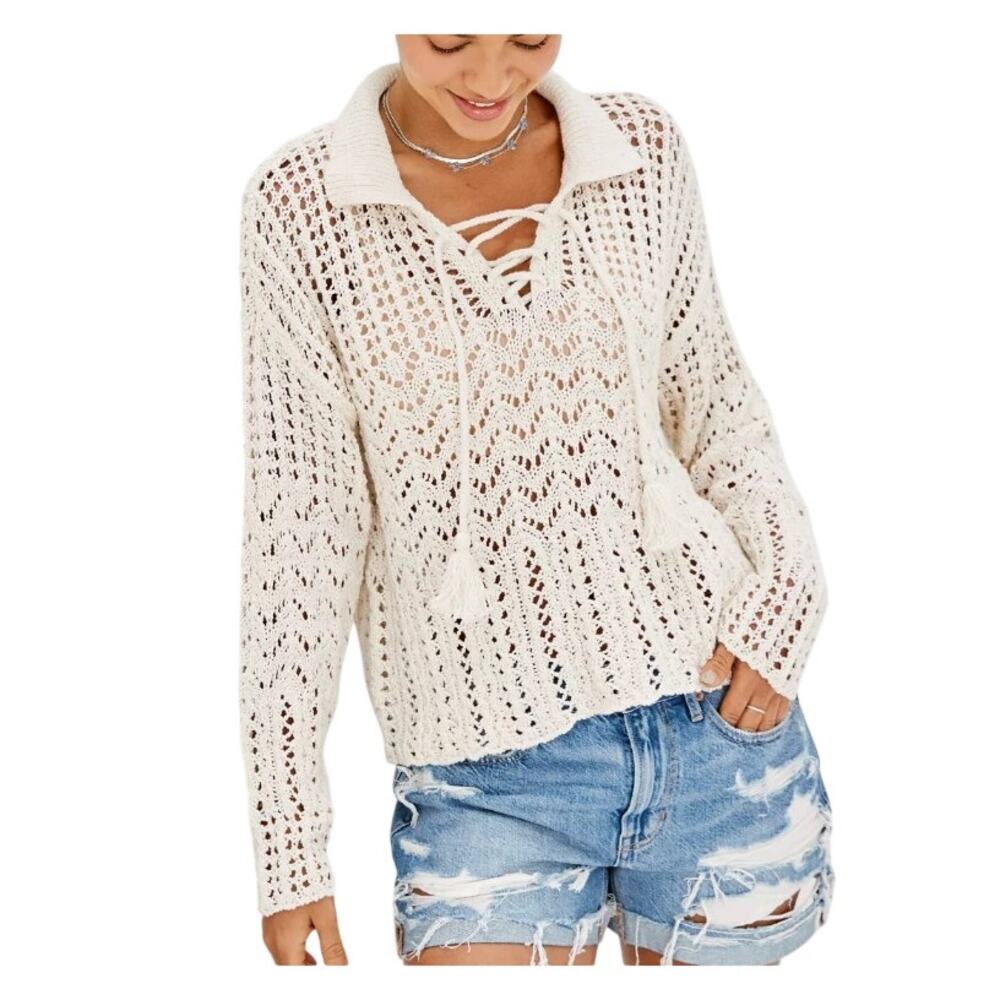 AE American Eagle Lace Up Knit Sweater Medium Boho Bohemian Collared Neutral